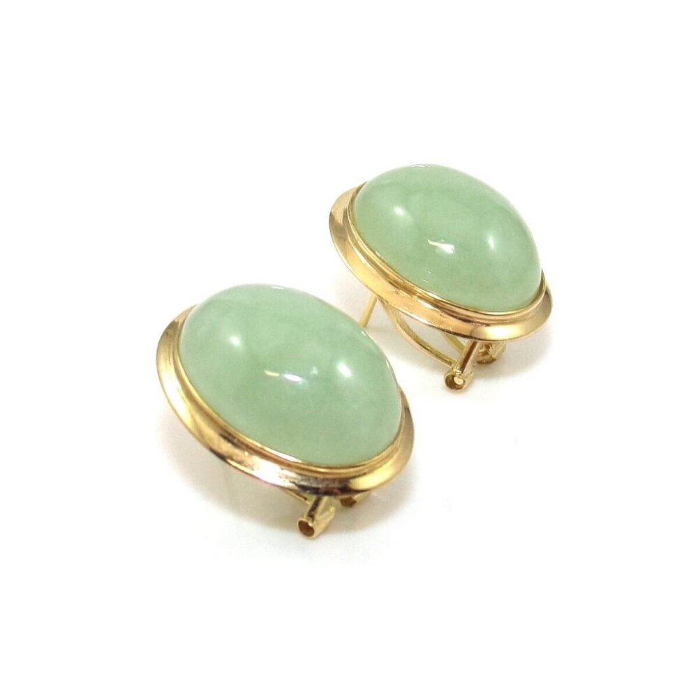 14K Yellow Gold Earrings Green Jade Oval Dome Omega French Clip